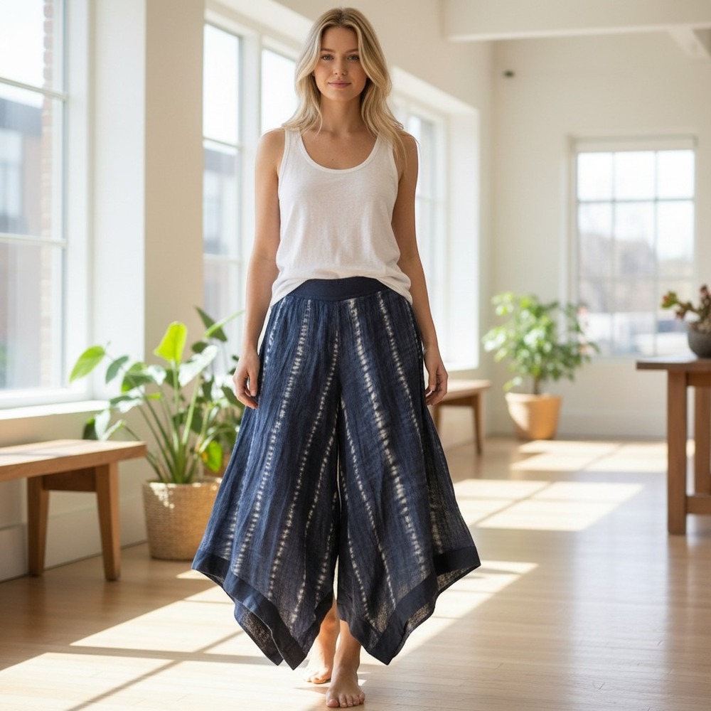 Adore Me Tie Dye Wide Leg Palazzo Pants Women Medium Blue Excellent Handkerchief